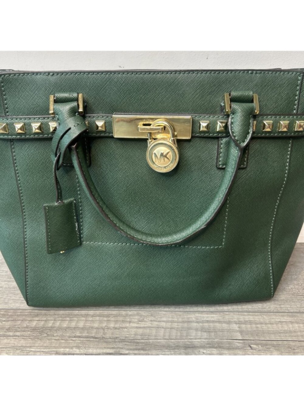 Michael Kors Green Hamilton Gold Studded Saffiano Leather Tote Purse Bag Preppy - Picture 2 of 16